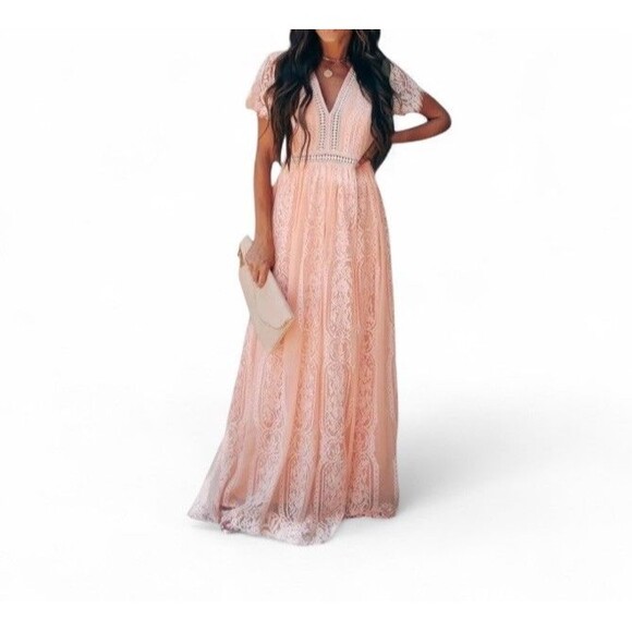 Pretty Garden Floral Lace Maxi Dress Womens Large Short Sleeve Lined V-Neck Pink - Picture 1 of 12